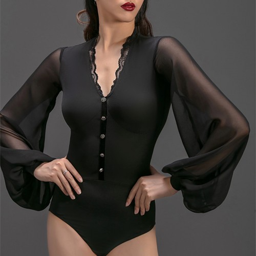 Women black red color modern ballroom latin bodysuits v neck long sleeves latin dance jumpsuits top waltz flamenco standard dance catsuits tops